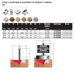 Frez z podwójnym kształtem do żłobień i wałków x 40 x 13 x 45,0 x 8 R1=4,20 R2=4,20 Z2 FREUD 39-60008P