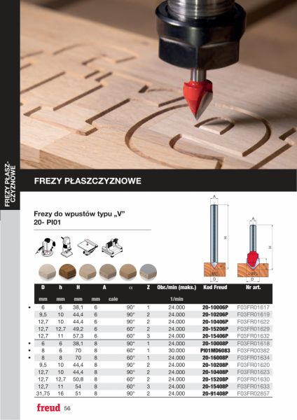 Frez do wpustów typu „V” x 19 x 12,50 x 57,2 x 12 Z2 α=90° FREUD 20-10812P